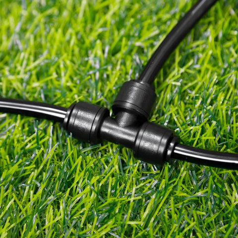 Installed 30 Pack One Quarter Inch Drip Irrigation Tee Fittings With Push To Fit Barbed Connectors For One Quarter Inch Tubing Leak Free