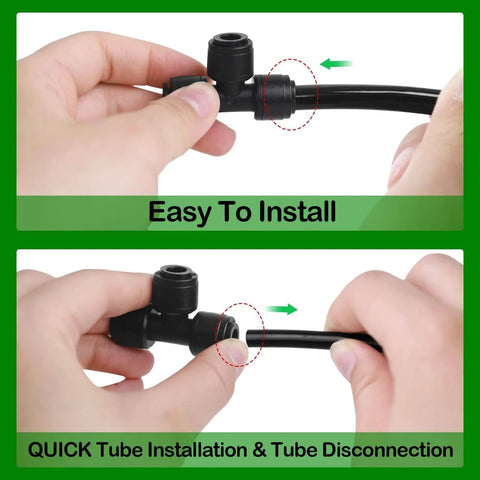 Hands installing 30 Pack One Quarter Inch Drip Irrigation Tee Fittings With Push To Fit Barbed Connectors For One Quarter Inch Tubing Leak Free T Parts For Easy No Fuss Garden Drip System Setup And Customization.