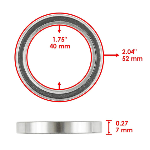 Primary Drive Clutch Spring And Bearing Kit Caltric For Can Am Maverick 1000 2013 2018 Not X3 Sport Trail 4x4 Replacement Includes Two Bearings For OEM Style Upgrade And Smooth, Reliable Power Transfer, showing a close-up of a bearing with dimensions 40mm inner diameter, 52mm outer diameter, and 7mm thickness.