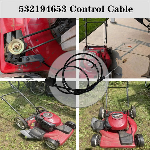 Durable 65.5 inch drive control cable replacement for walk behind mowers, installed in red mower, OEM compatible for Husqvarna, AYP, Poulan