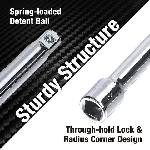 Close-up of 22 Piece Drive Tool Accessory Set With One Quarter Inch, Three Eighths Inch, And One Half Inch Extension Bars