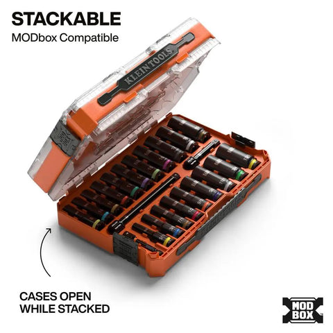 Deep-Well Three-Eighths Inch Drive Impact Socket Set With SAE And Metric Sizes, 23-Piece in MODbox Organizer, open view