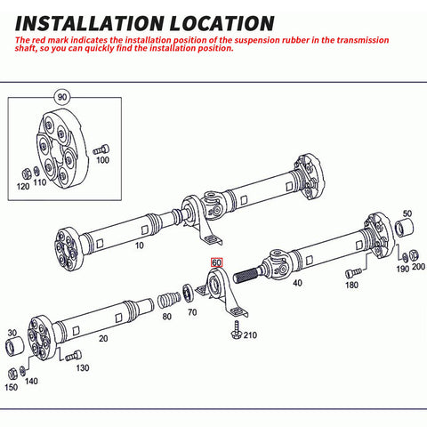 Diagram of Driveshaft Center Support Bearing For Mercedes Benz 1996 2010 Fits CLS350 CLS55 CLS63 AMG E200 E230 E240 E280 E320 E420 E55 CL500 S280 S320 S350 S430 S500 S600 Replacement 2104102181 2114100181 2114100781 installation