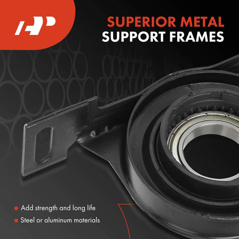 Close-up of Driveshaft Center Support Bearing For BMW E38 740i 750iL Series Models 1995 1997 1998 1999 2000 2001 Replacement Carrier Bearing, showing metal support frames.