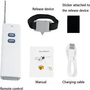 Drone Airdrop System With Release Device And Payload Clip For Safe And Precise Airdrops Of Fish Bait Or Small Supplies, Compatible With DJI Mini Series Air Series Mavic 3, Mavic 2, Spark, Easy Velcro Belly Mount, Essential Drone Accessory, showing remote, release device, manual, and cable.