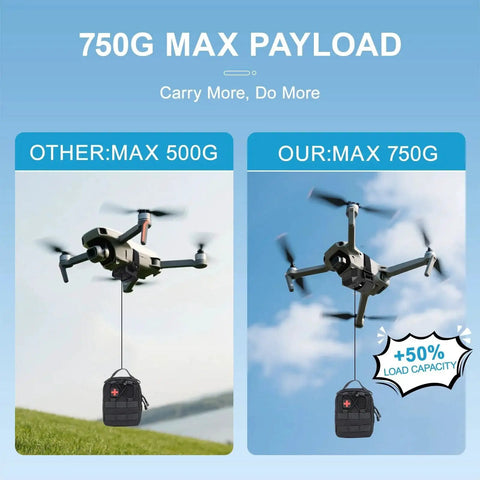 Comparison of drones carrying payloads; left shows max 500g, right shows Universal Drone Airdrop System With 750g Payload And 1km Remote Control.