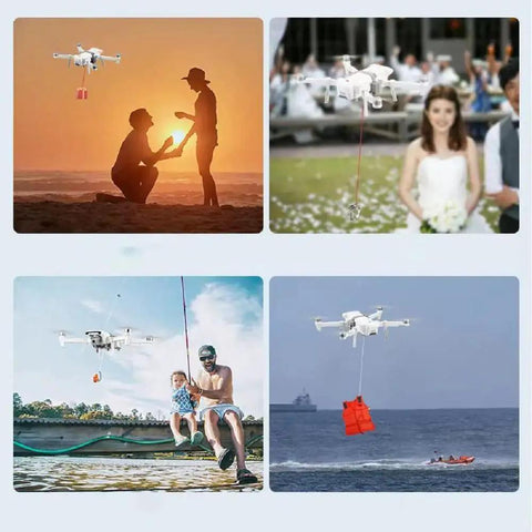 Drone Airdrop System With Release Device And Payload Clip for safe airdrops, compatible with DJI series, shown delivering various items.