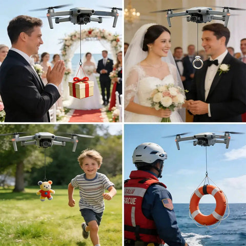Drone Airdrop System With Release Device And Payload Clip carrying gifts and supplies in various outdoor settings, showing versatile use.