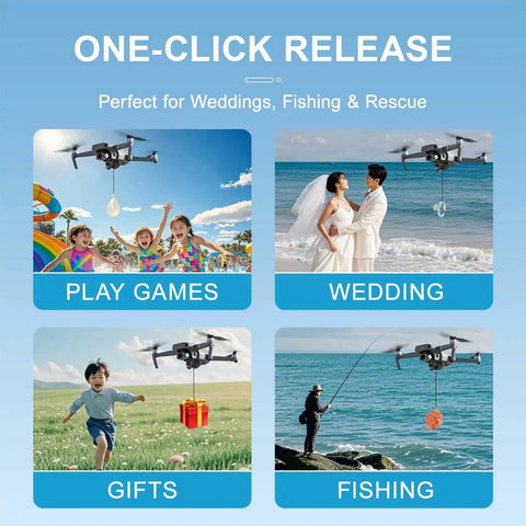Universal Drone Airdrop System With 750g Payload And 1km Remote Control for fishing, weddings, and games, showing payload release.