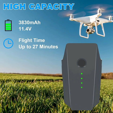 Two Pack 3830mAh 11.4V Intelligent Flight Batteries For Mavic Pro Series next to a drone in flight over a field