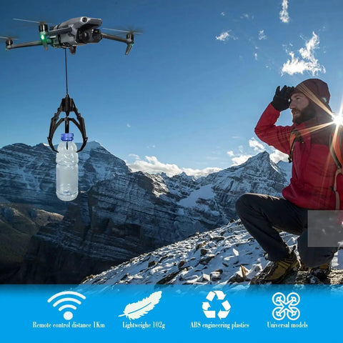 Universally Drone Airdrop System With Mechanical Claw Payload Release attached to a DJI drone carrying a plastic bottle over a snowy mountain.