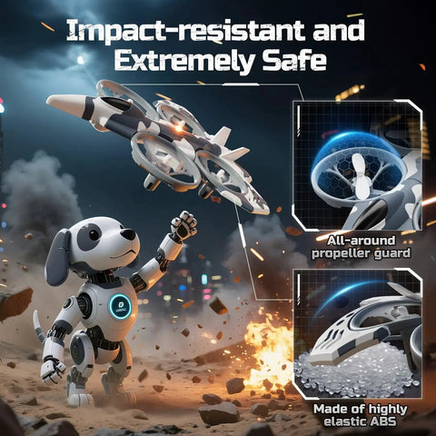 HT15 Dual-Mode RC Drone For Kids flying above robot dog, showing impact-resistant design and propeller guard details.