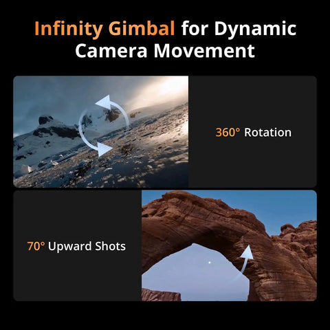 Infinity Gimbal demonstrating 360-degree rotation and 70-degree upward shots for dynamic camera movement, snowy and desert landscapes shown.