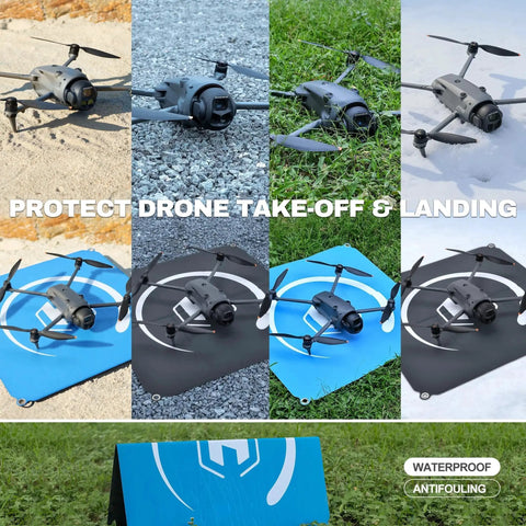 Foldable 22 Inch Drone Landing Pad With Fast Fold System 2x3 Double Sided Waterproof Launch Pad in use on varied surfaces