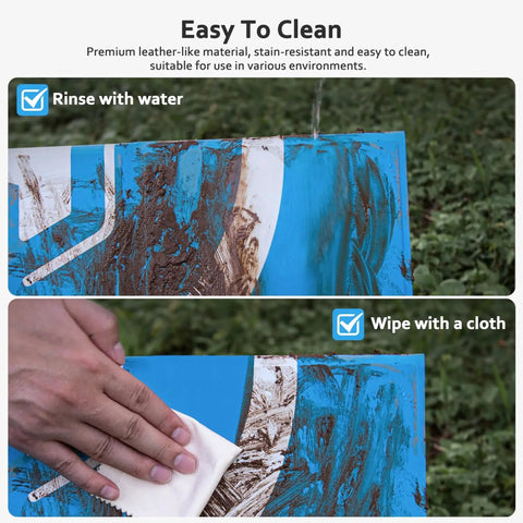 Hands cleaning a Foldable 22 Inch Drone Landing Pad With Fast Fold System 2x3 Double Sided Waterproof Launch Pad, blue and gray, on grass.