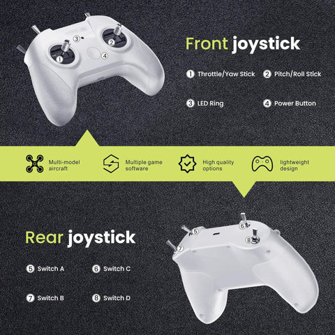 FPV Drone Simulator Controller For Beginners With 8 Channel Metal Joysticks And Dual Bearing Precision, front and rear view