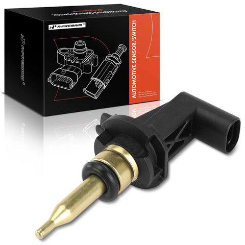 A-Premium automotive temperature sensor with brass probe and black plastic housing, shown beside its packaging box.