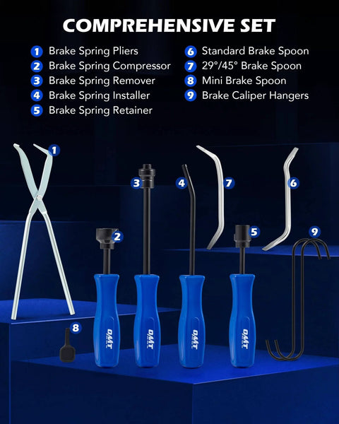10pc Drum Brake Tool Kit with Brake Spring Tools, Compressor, Pliers, Brake Spoon Set, and Caliper Hangers displayed on blue background