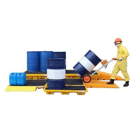Person handling oil drums on Drum Containment Spill Pallet For Oil Drums, Nestable Polyethylene Spill Tray With Drain, Yellow