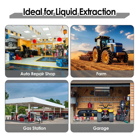Ideal uses for MEKOTRIN 55 Gallon Drum Pump shown in auto repair shop, farm, gas station, and garage settings.