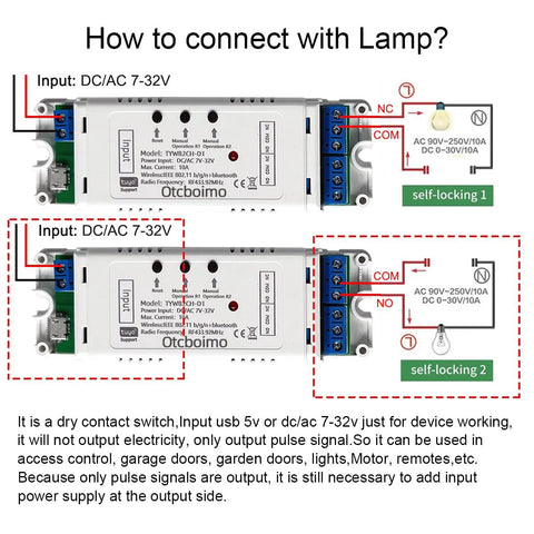 Otcboimo 2-channel WiFi relay controller module with blue terminal block and dry-contact outputs