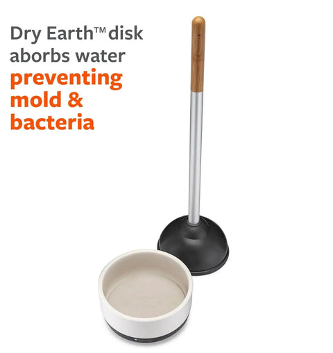Absorbent Dry Earth Disk Refill for Toilet Brush Holder With Diatomaceous Earth shown with brush holder and disk