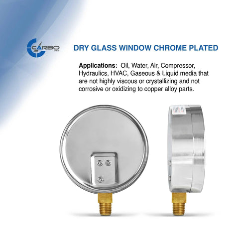 CARBO 4-inch pressure gauge with chrome-plated steel case, dry, lower mount 1/4 NPT; front and side views
