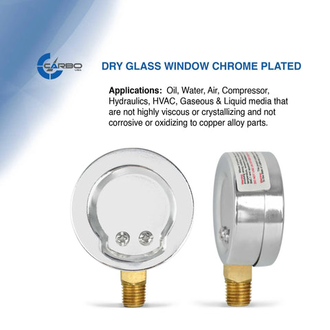 CARBO 2-1/2 in pressure gauge, chrome-plated steel case; front and back views with 1/4 in NPT lower mount