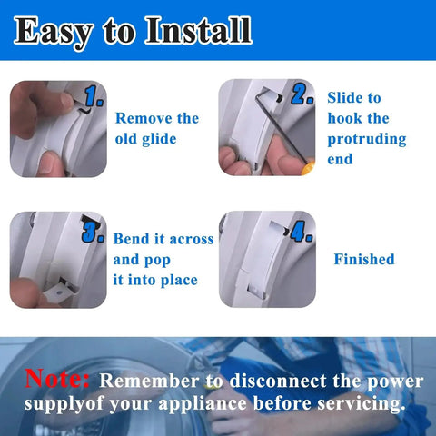 Installation steps for Replacement Drum Bearing Slide Kit for clothes dryers, showing easy installation with WE3M52 and WE3M51 glides.