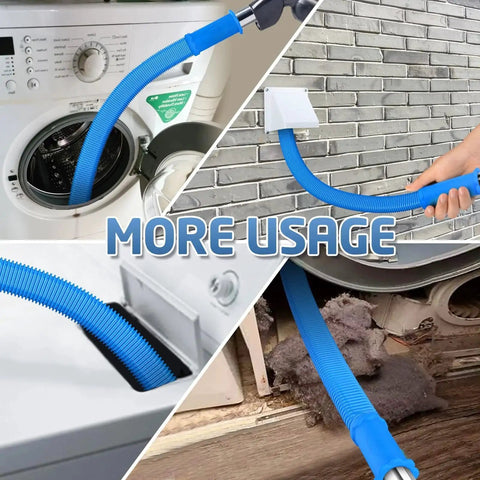 Two piece dryer vent cleaner kit with universal vacuum adapter removes built up lint from ducts and behind appliances, blue hose in use