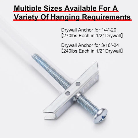 Heavy Duty Drywall Anchors Kit With Included 1/4-20 Bolts Holds Up To 270 Pounds Per Anchor For 1/2 Inch Drywall Great For TV Mounts 22 Pack Hollow Wall Anchors Screws Built To Last, showing close-up of anchor and bolt with specifications.