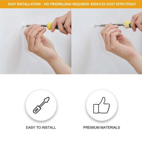 Hands installing drywall anchors from the 350 Pcs Drywall Anchors Assortment Kit for Sheetrock Concrete and Brick Including 175 Plastic Wall Anchors and 175 Flat Head Phillips Screws in 5 Common Sizes for Picture Hanging Wall Art and Home Decor.