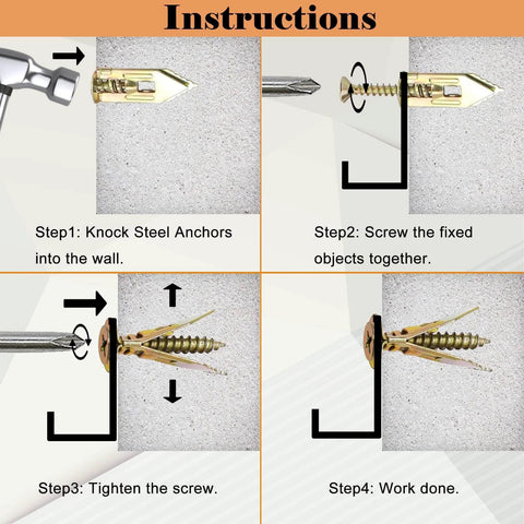 Installation instructions for 200 piece self drilling drywall anchors and screws kit with 100 zinc wall anchors and 100 expansion screws.