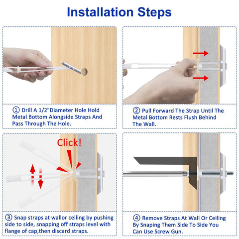Installation steps for Heavy Duty Drywall Anchors Kit With Included 1/4-20 Bolts Holds Up To 270 Pounds Per Anchor For 1/2 Inch Drywall Great For TV Mounts 22 Pack Hollow Wall Anchors Screws Built To Last