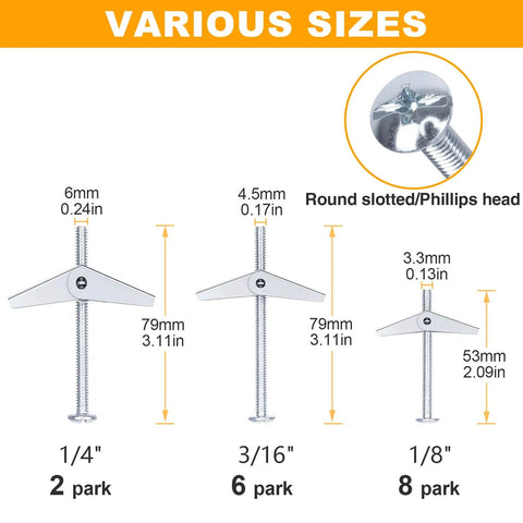 Drywall Anchors Assortment Kit With Self Drilling Wall Anchors and Heavy Duty Toggle Bolts, various metal sizes shown