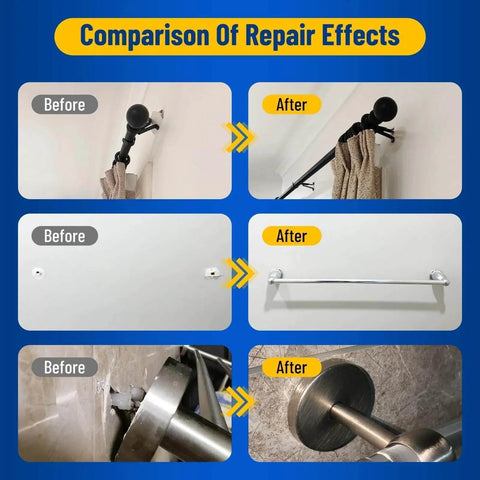 Comparison showing drywall anchor repair kit effectiveness before and after fixing curtain rod, towel bar, and anchor hole.