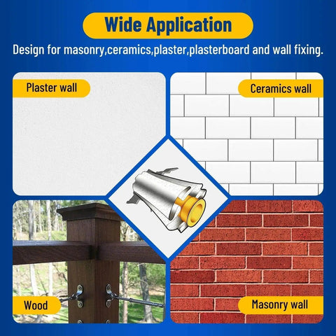 Illustration showing wide application of Drywall Anchor Repair Kit For Quick Fixes No Drilling Needed on plaster, wood, masonry, ceramic surfaces.