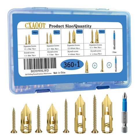 360pcs Self Drilling Drywall Anchors and Screws Kit with 4 Sizes in blue box showing screws, anchors, and drill bit.