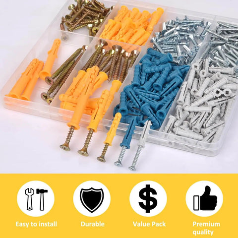 Drywall Anchors And Screws Assortment Kit With Organizer Box 280 Pieces Including 140 Plastic Wall Anchors And 140 Galvanized