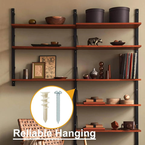 #8 Self Drilling Drywall Anchors with Screws Kit, Heavy Duty Nylon Wall Anchors, image of installed shelves with inset showing anchor and screw