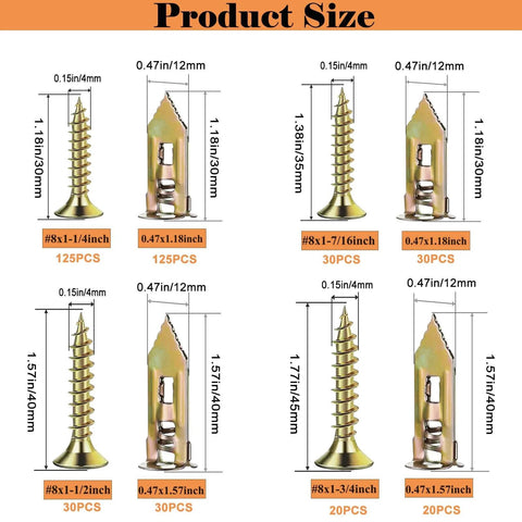 410 pcs self drilling drywall anchors and screws kit with 2 anchor sizes and 4 screw sizes zinc plated steel no drill install
