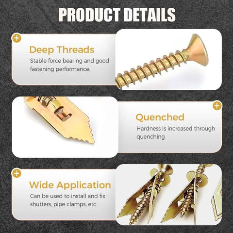 Product details of self drilling drywall anchors with screws kit, showing deep threads and wide application, 2025 upgraded direct insertion expansion screw.