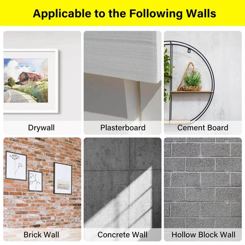 Image showing wall types: drywall, plasterboard, cement board, brick wall, concrete wall, hollow block wall for 140pcs Drywall Anchors and Screws Kit