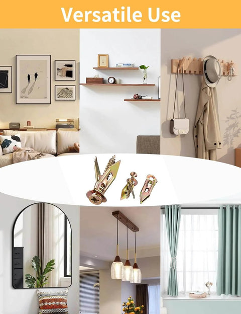 Collage showing various uses of 3 Sizes Self Drilling Drywall Anchors with Screws Kit – 120PCS Heavy Duty Metal Expansion Bolts.