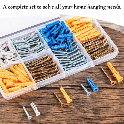 Wall Anchors Kit for Hanging Wall Art Decor, 160Pcs Drywall Anchors Assortment Kit with screws and plugs in a plastic organizer box