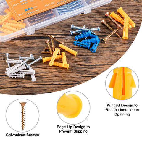 Wall Anchors Kit for Hanging Wall Art Decor, 160Pcs Drywall Anchors Assortment Kit with screws and plugs displayed in organizer box