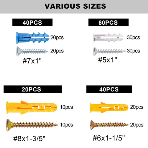 Various sizes of wall anchors and screws showing 160Pcs Drywall Anchors Assortment Kit for Wall Art Decor with specific measurements.