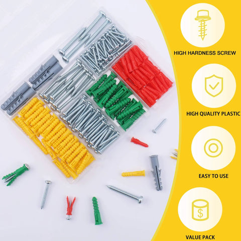 Assortment of 208PCS Drywall Anchors and Screws Kit with 4 sizes of plastic anchors and matched Phillips pan head screws in packaging.