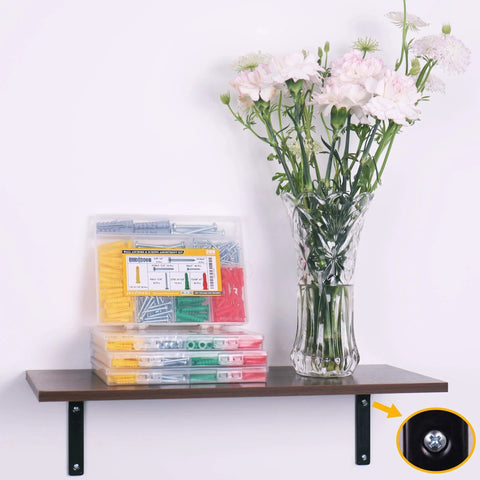 208PCS Drywall Anchors and Screws Assortment Kit on shelf with flowers, showcasing wall anchors and screws for home decoration projects