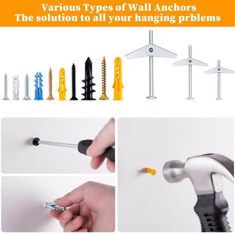 Drywall Anchors Assortment Kit With Self Drilling Wall Anchors and Heavy Duty Toggle Bolts demonstrated in use for hanging items